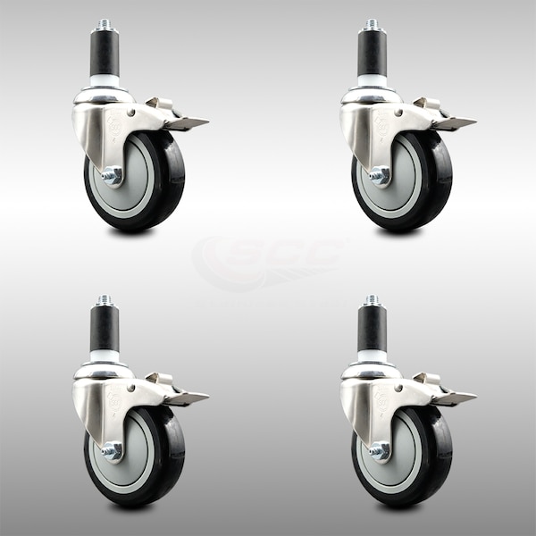 Service Caster 4 Inch 316SS Black Poly Swivel 1-1/4 Inch Expanding Stem Caster Set Lock Brake SCC-SS316TTLEX20S414-PPUB-BLK-114-4 - main